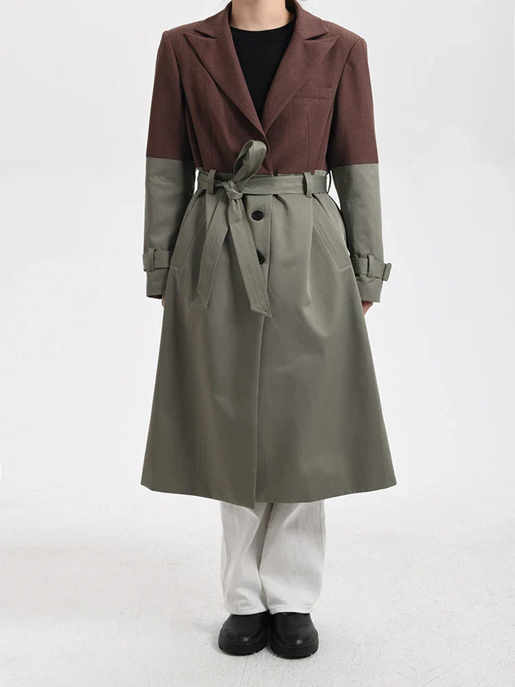 Women_s_Belted_Blazer_Brown_and_Gray_Trench_Coat BELTED BLAZER TRENCH COAT, BROWN GRAY OVERSIZED WORK