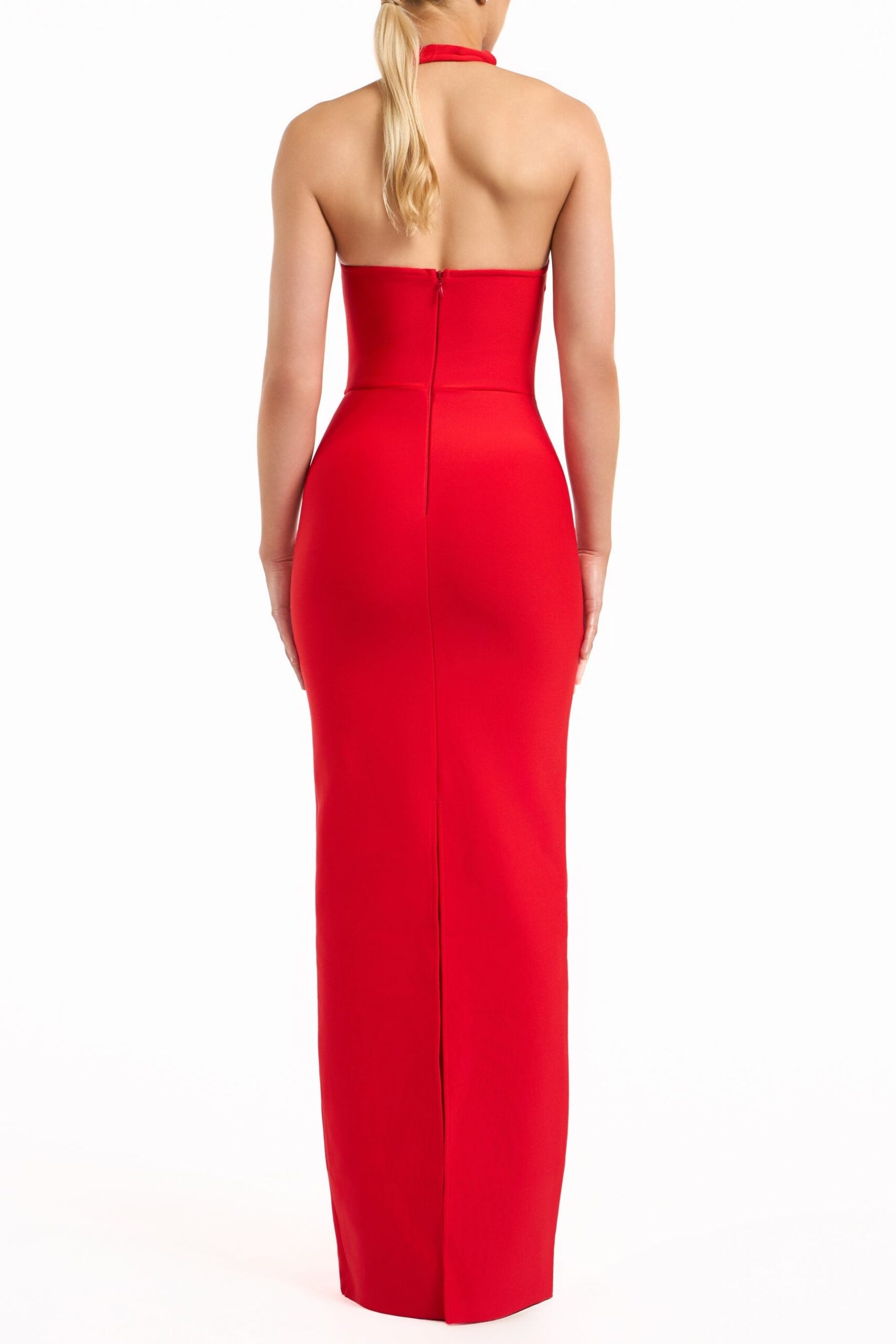LARA RED CUTOUT BACKLESS HALTER BANDAGE MAXI DRESS