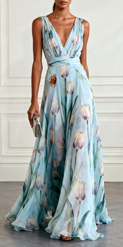 v-neck Tulip Print Chiffon Maxi Dress - blue