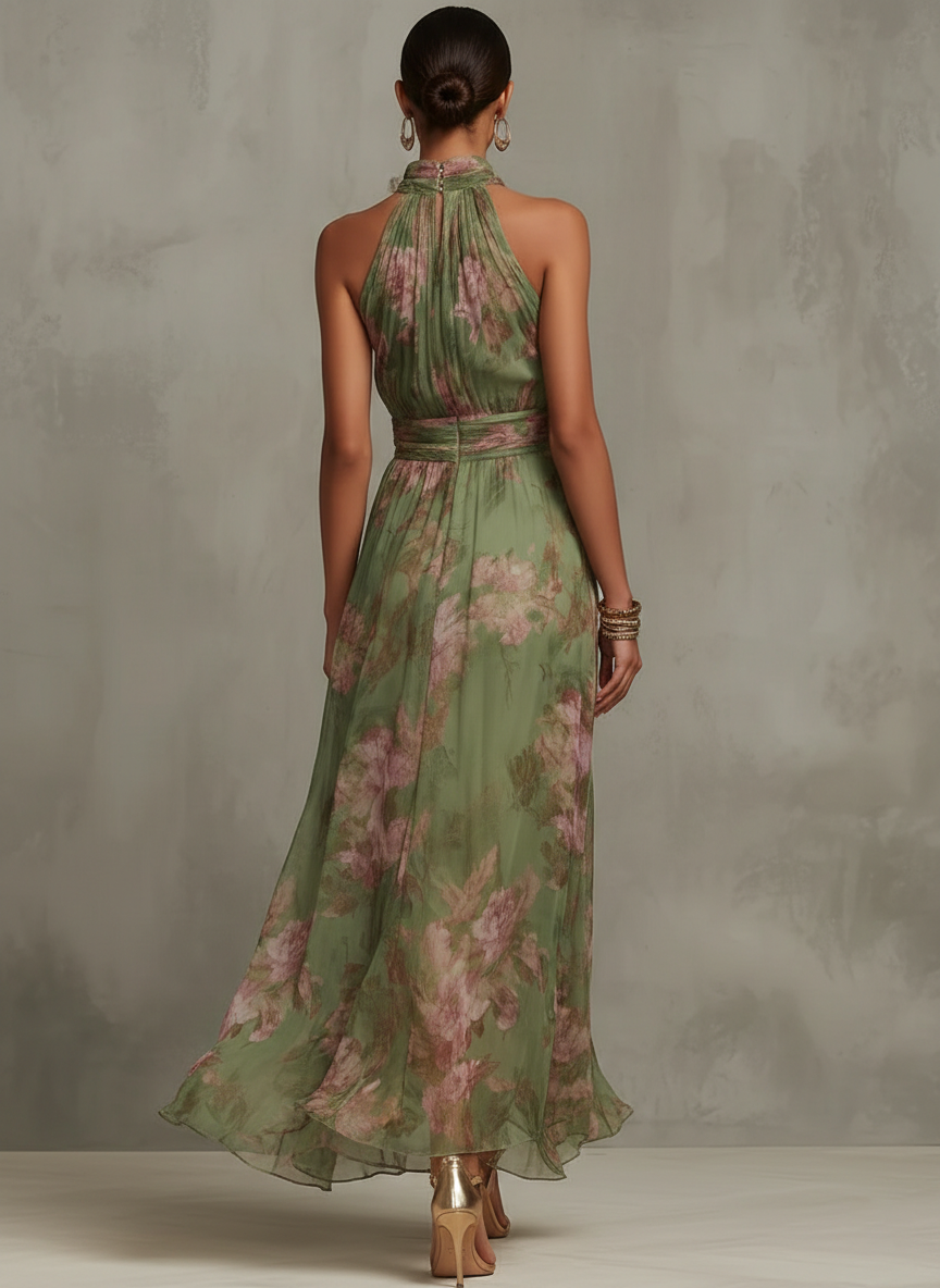 POLLY GREEN FLORAL CHIFFON HALTER MAXI DRESS