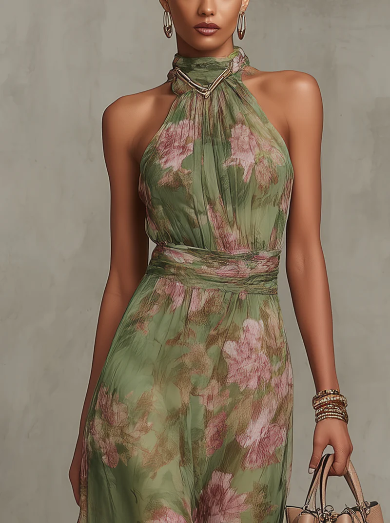 POLLY GREEN FLORAL CHIFFON HALTER MAXI DRESS