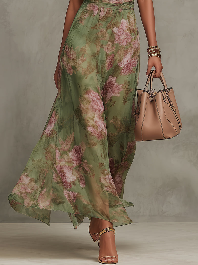 POLLY GREEN FLORAL CHIFFON HALTER MAXI DRESS