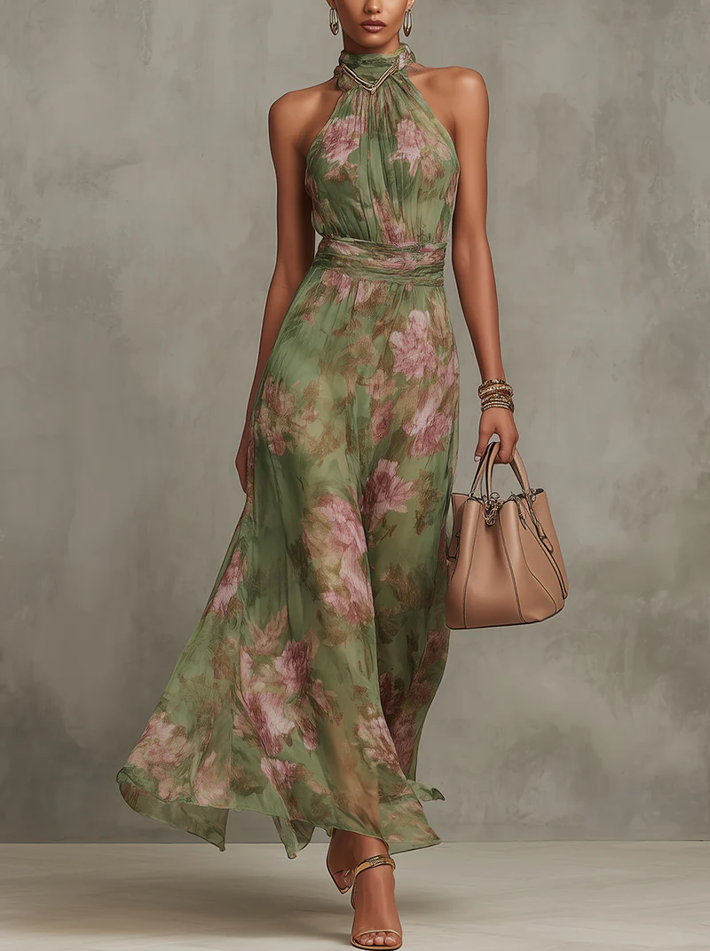 POLLY GREEN FLORAL CHIFFON HALTER MAXI DRESS