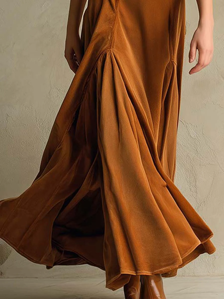 BROWN VELVET RETRO SUIT COLLAR LONG DRESS