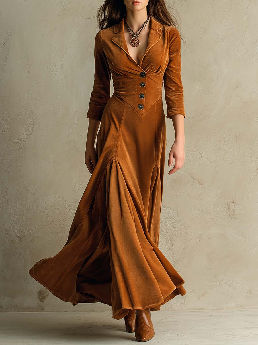 BROWN VELVET RETRO SUIT COLLAR LONG DRESS