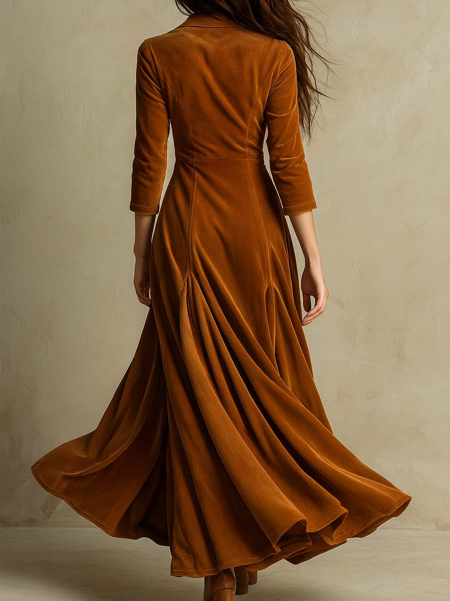 BROWN VELVET RETRO SUIT COLLAR LONG DRESS