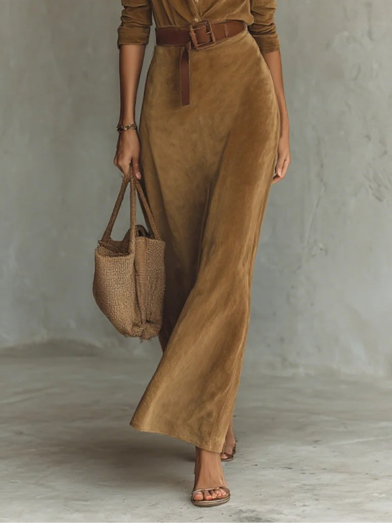 SUEDE SINGLE-BREASTED LAPEL MAXI DRESS