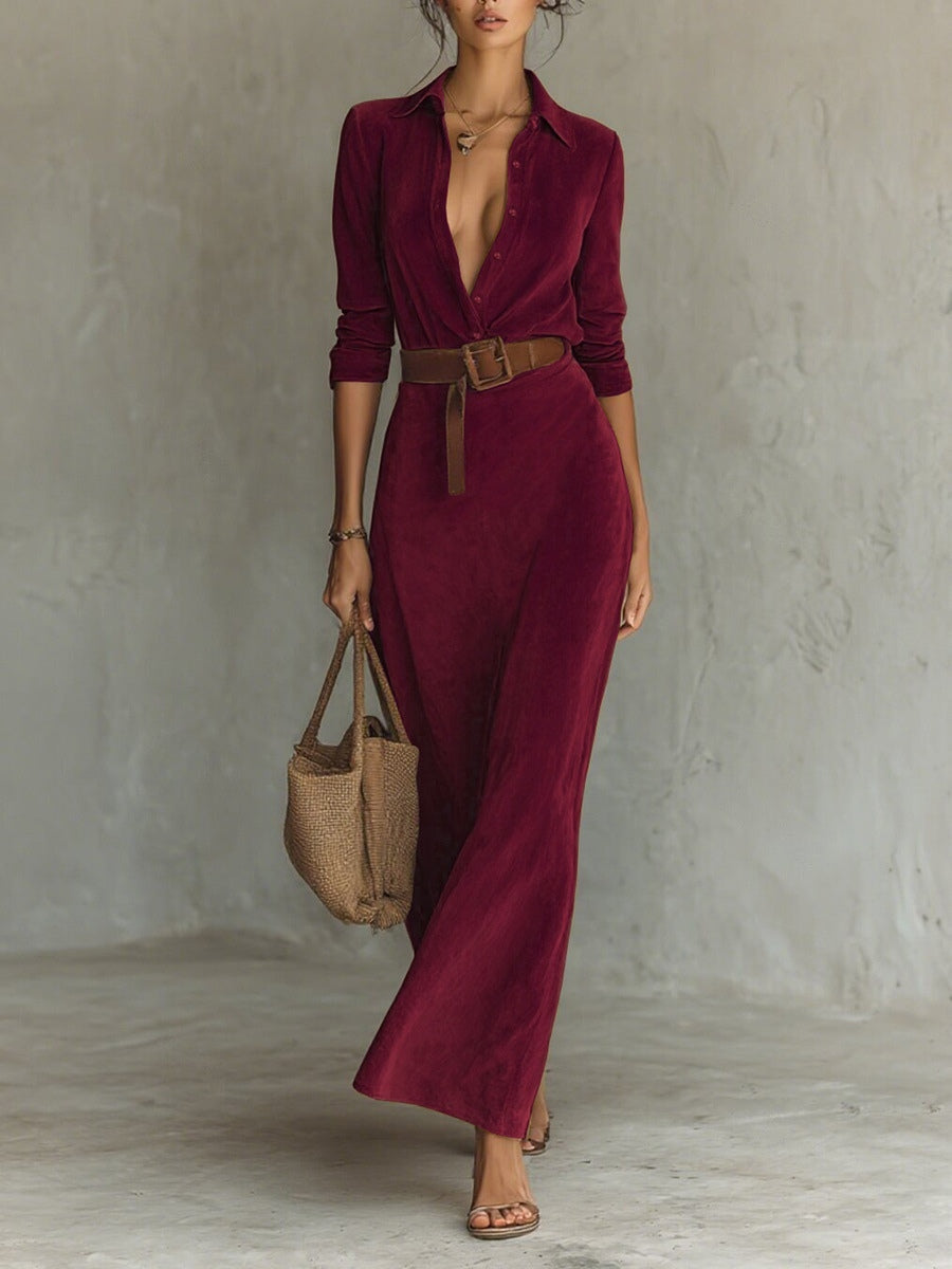 SUEDE SINGLE-BREASTED LAPEL MAXI DRESS