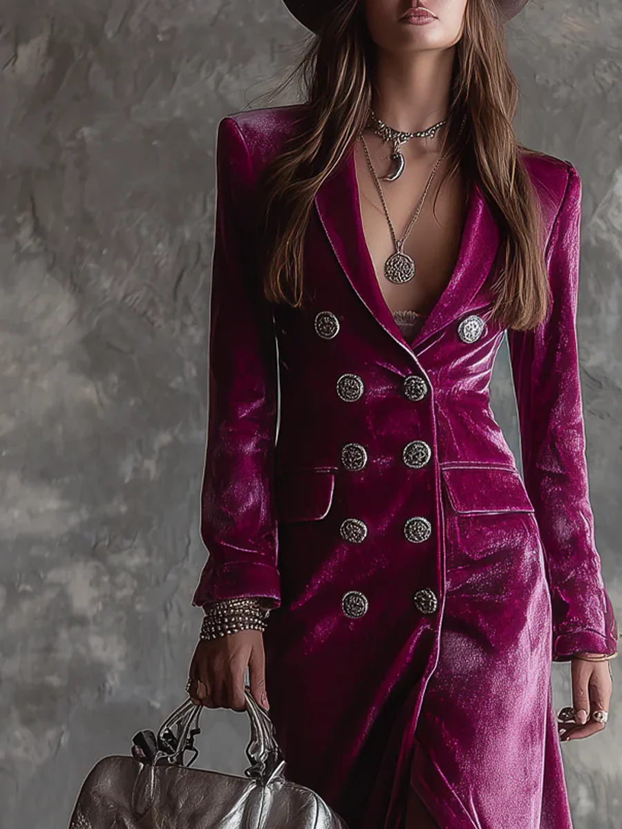 PURPLE VELVET BLAZER MAXI DRESS, BUTTON-DOWN