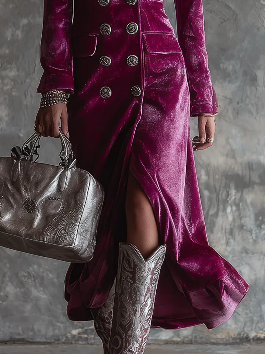 PURPLE VELVET BLAZER MAXI DRESS, BUTTON-DOWN