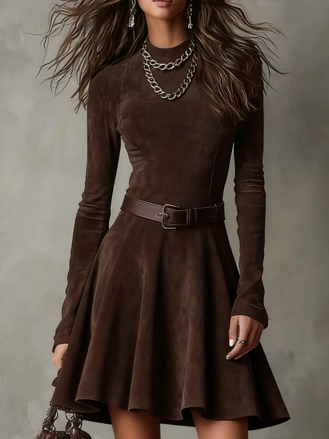 VINTAGE BROWN SUEDE MOCK NECK MINI DRESS