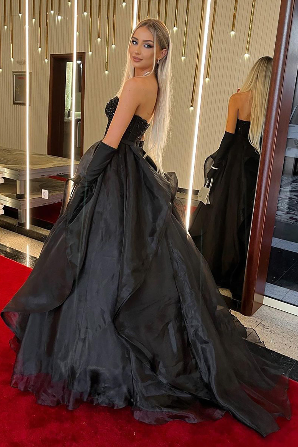BLACK STRAPLESS BALL GOWN FORMAL EVENING DRESS