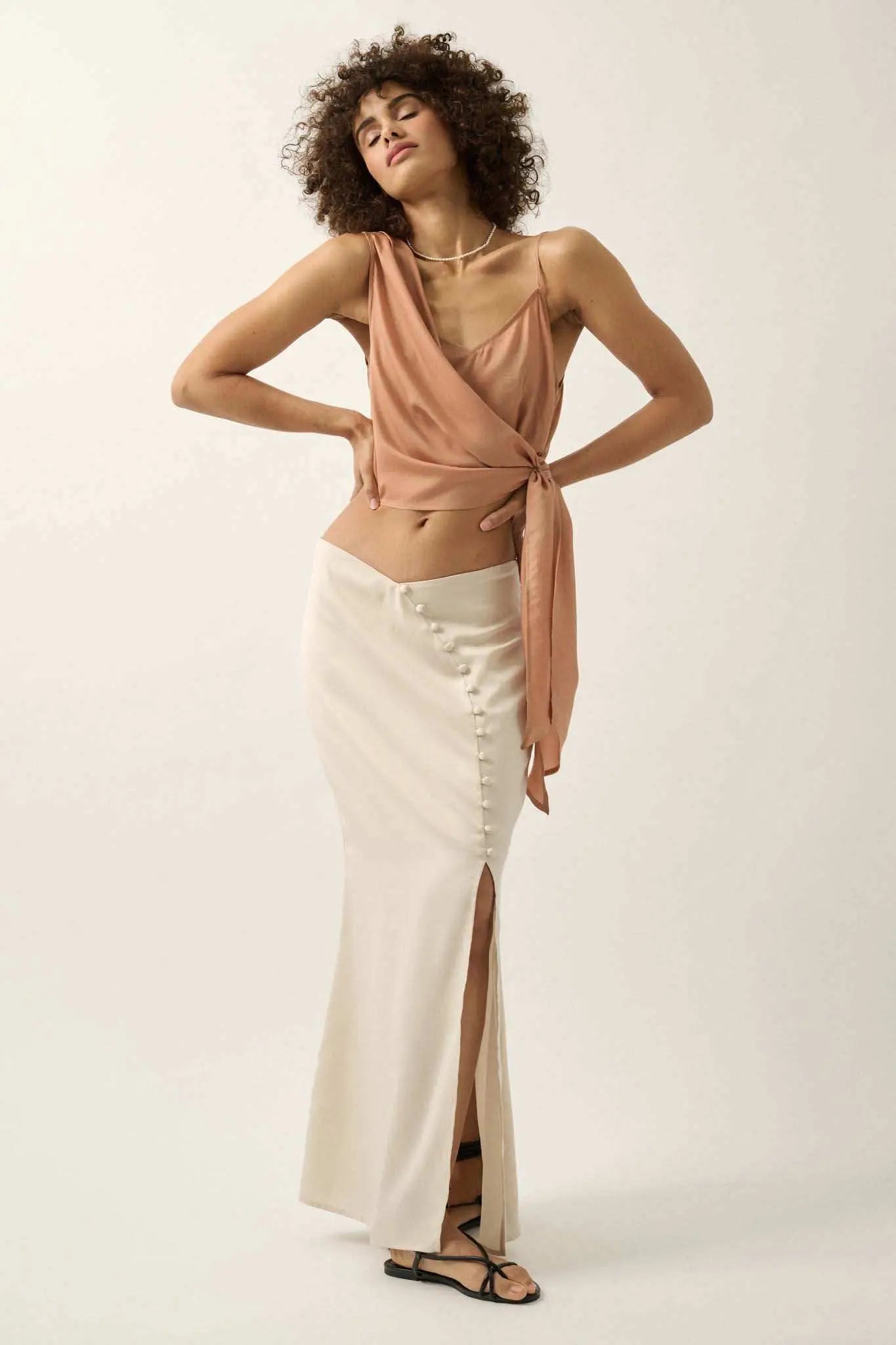 CURVE SATIN BUTTON MAXI SKIRT FOR EVENING
