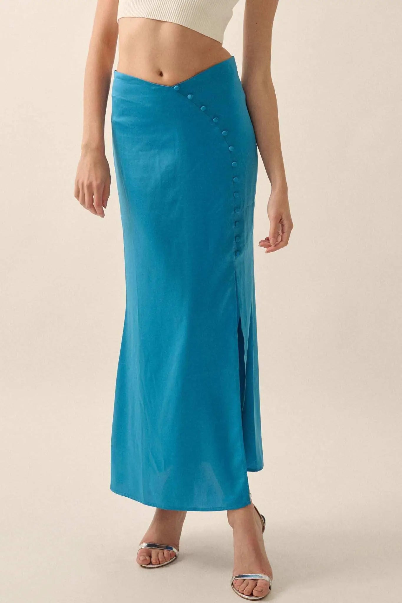 YSS1342-FRENCH_BLUE-101923_004280 CURVE SATIN BUTTON-FRONT MAXI SKIRT
