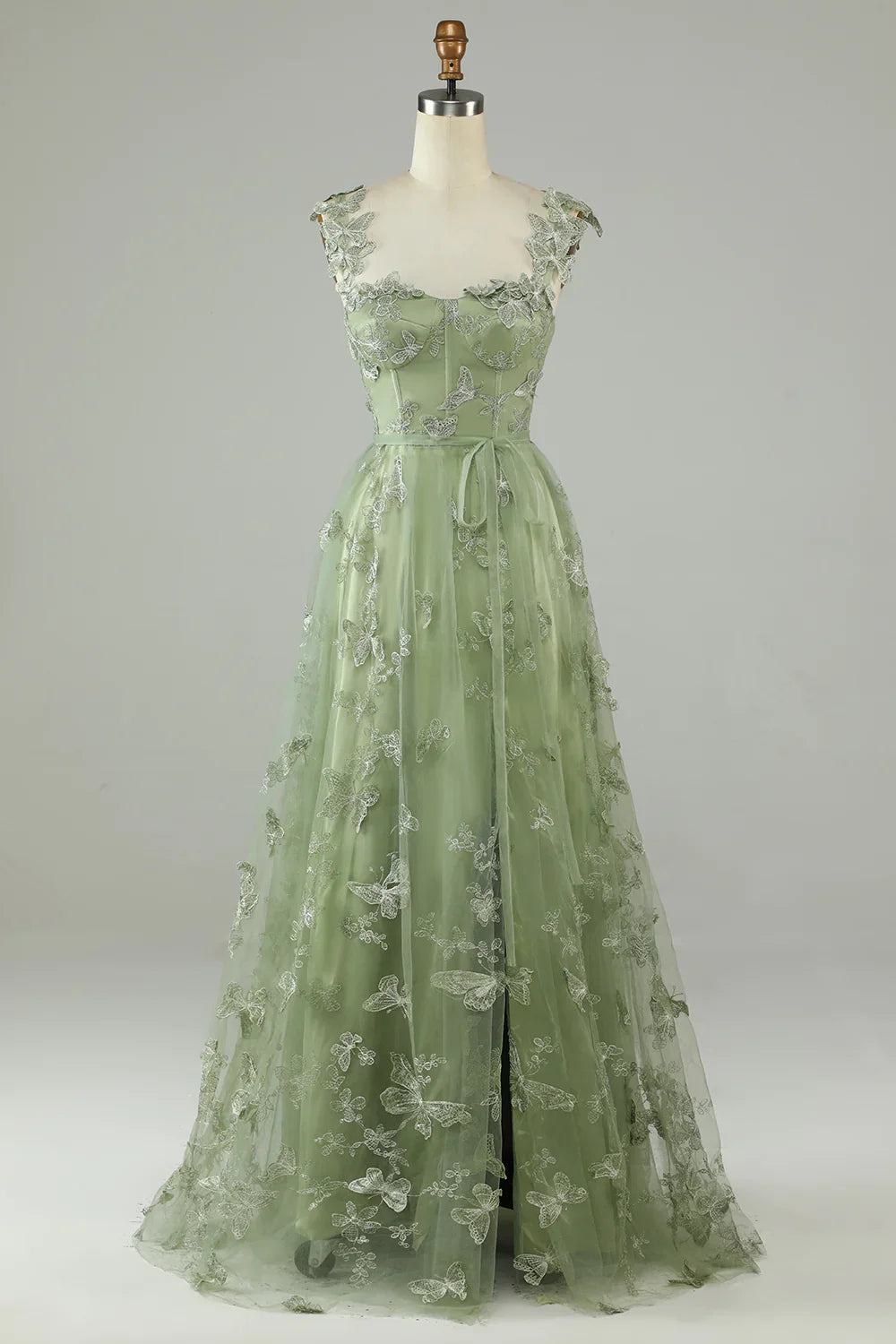 A-LINE GREEN CORSET TULLE PROM DRESS WITH 3D BUTTERFLIES SPLIT