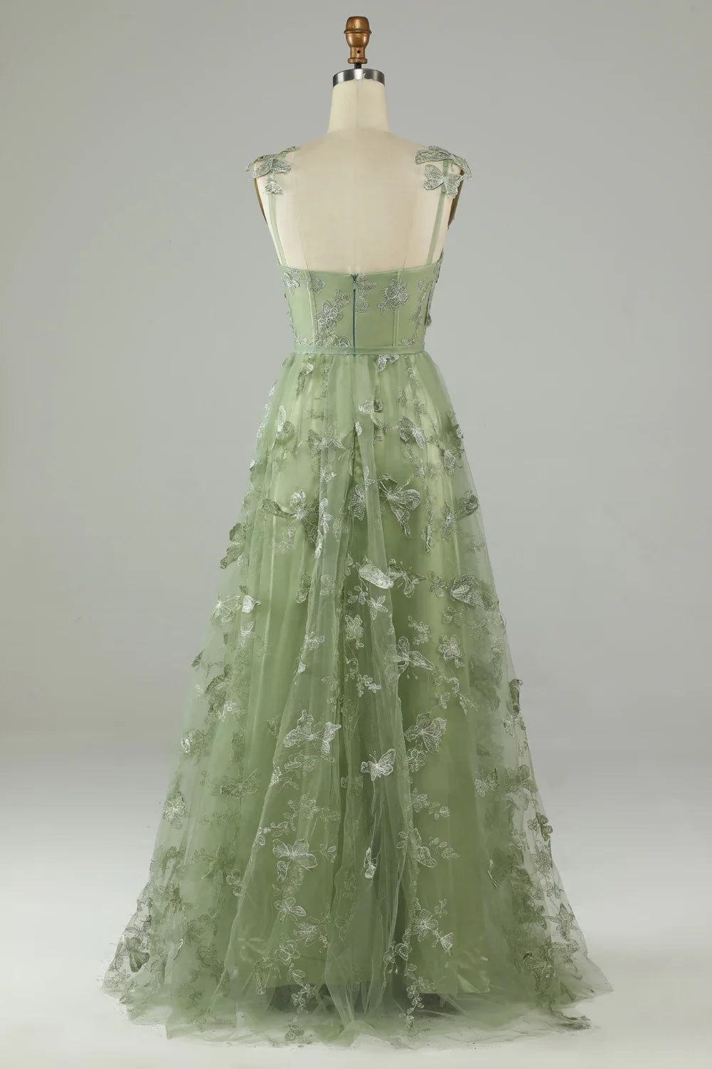 A-LINE GREEN CORSET TULLE PROM DRESS WITH 3D BUTTERFLIES SPLIT