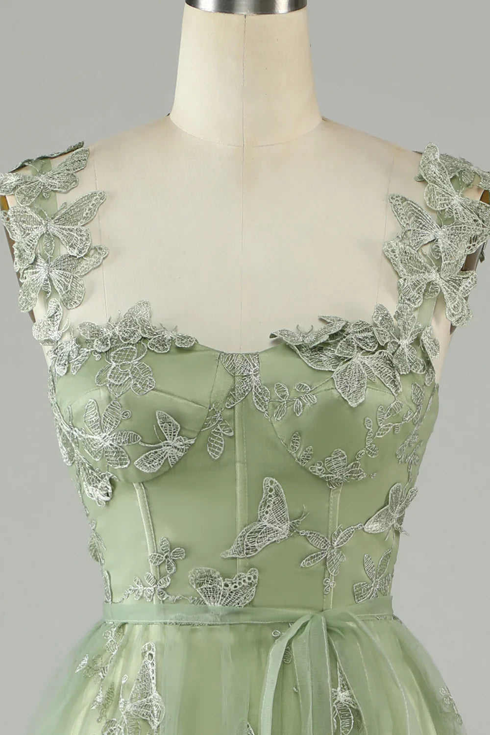 A-LINE GREEN CORSET TULLE PROM DRESS WITH 3D BUTTERFLIES SPLIT