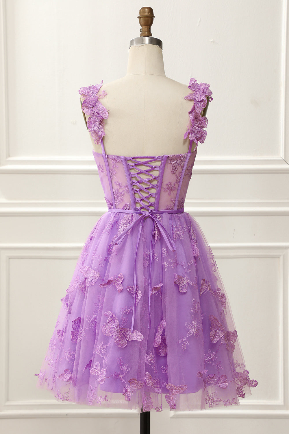 PURPLE A-LINE CORSET HOMECOMING DRESS WITH BUTTERFLIES
