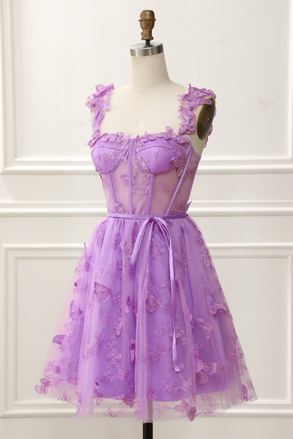 PURPLE A-LINE CORSET HOMECOMING DRESS WITH BUTTERFLIES