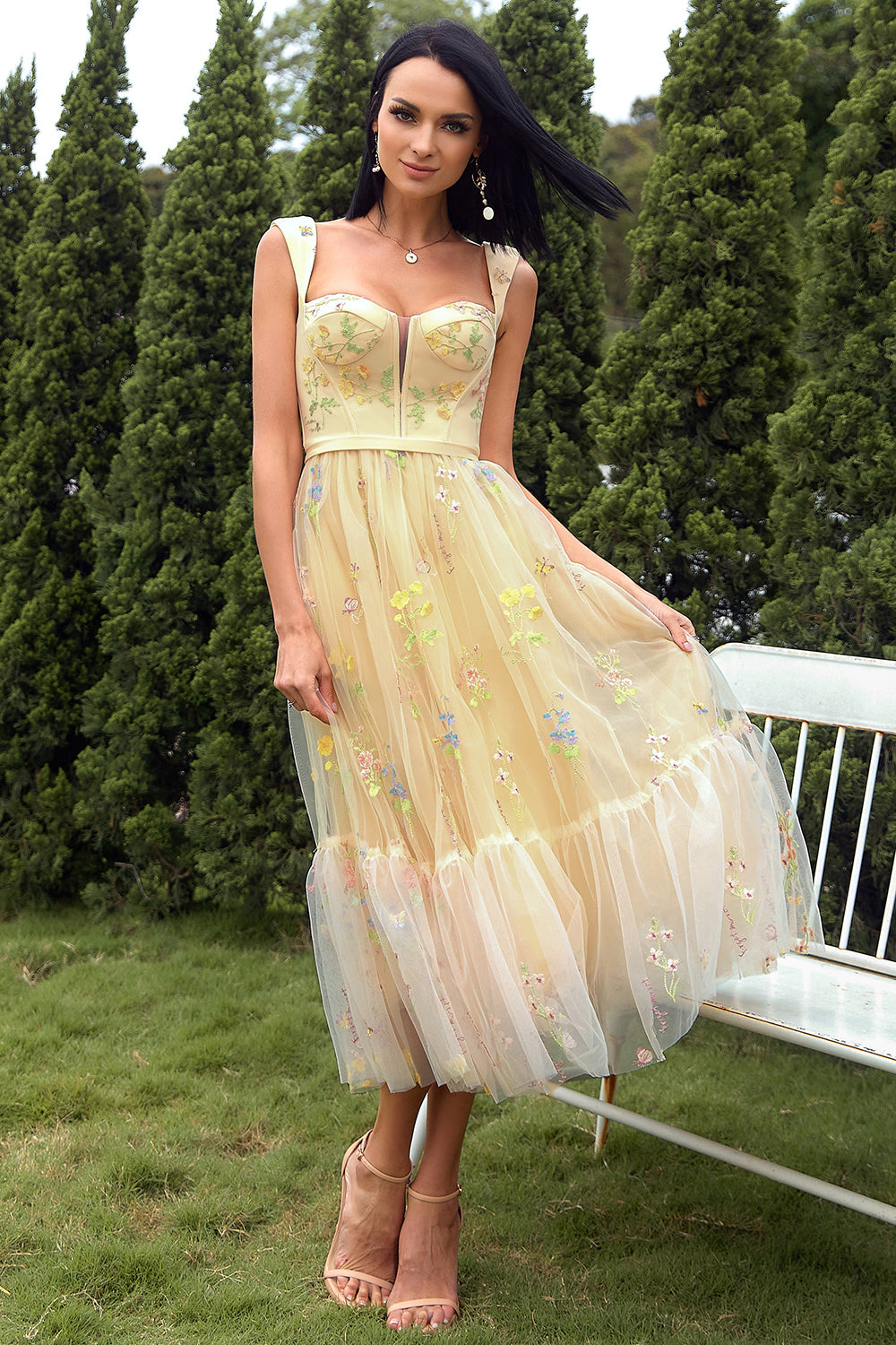 CHAMPAGNE EMBROIDERED LONG PROM DRESS, ELEGANT