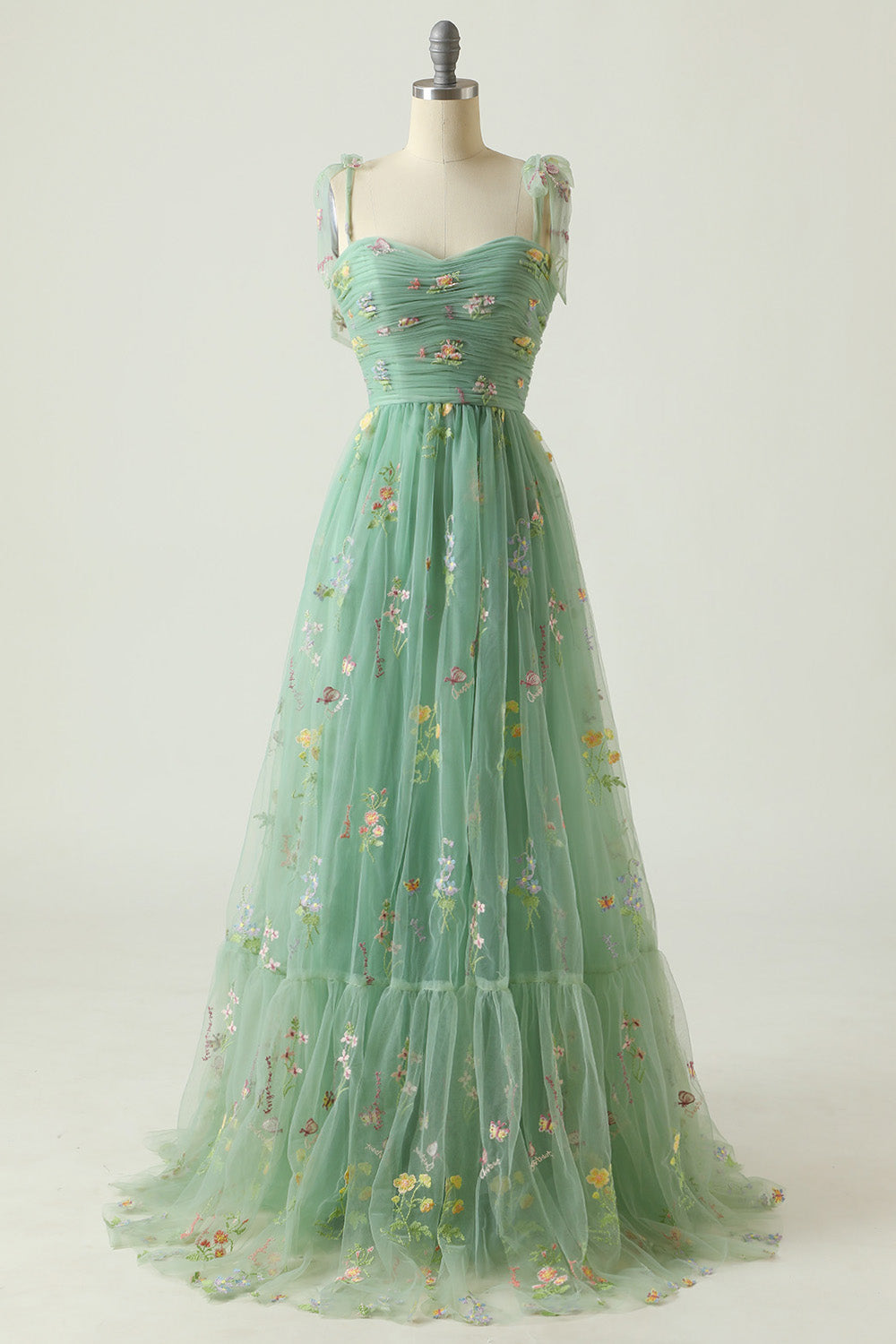 A-LINE SPAGHETTI STRAP CHAMPAGNE PROM DRESS APPLIQUE