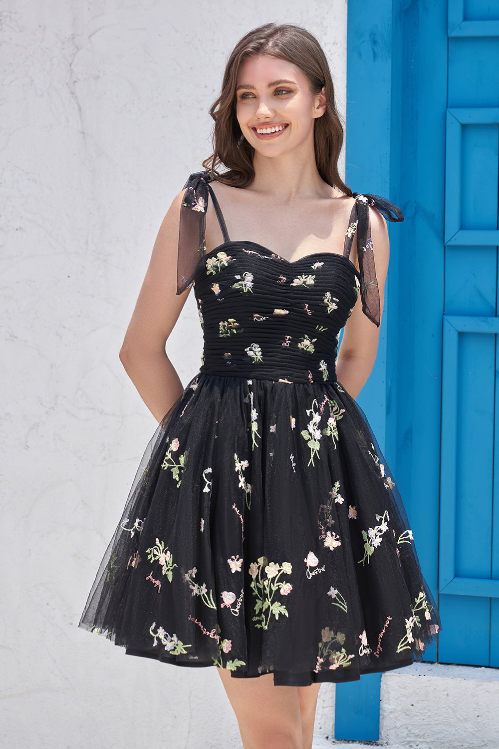 A-LINE BLACK EMBROIDERED SHORT HOMECOMING DRESS