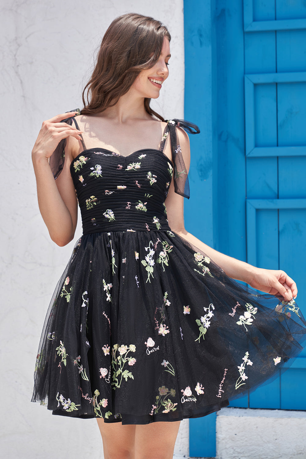 A-LINE BLACK EMBROIDERED SHORT HOMECOMING DRESS