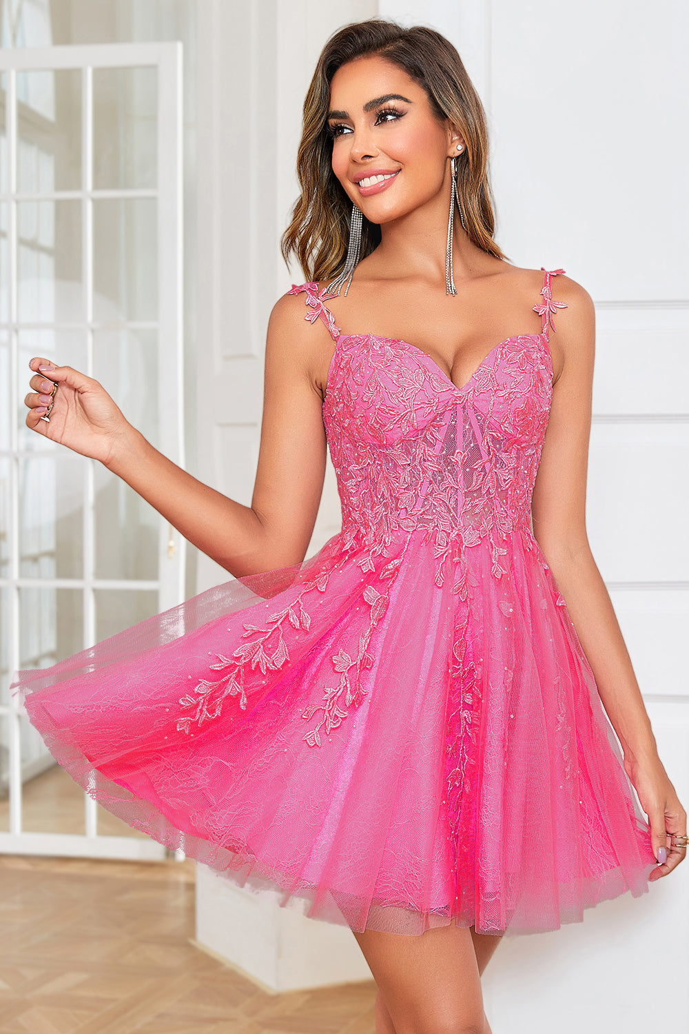 A-LINE SPAGHETTI STRAP PINK SHORT HOMECOMING DRESS WITH APPLIQUES