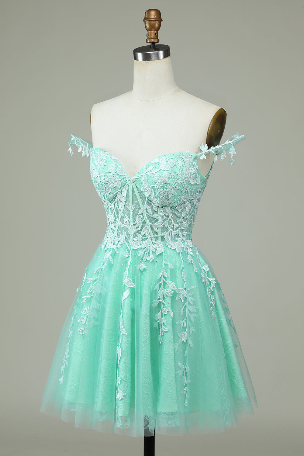 A-LINE SPAGHETTI STRAP MINT HOMECOMING DRESS WITH APPLIQUES