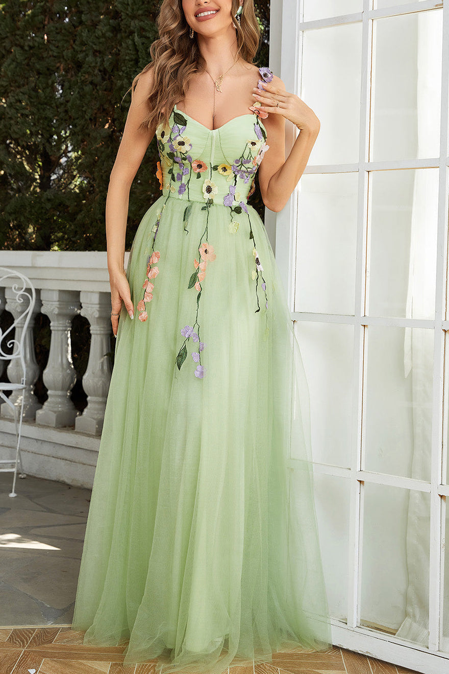 3D FLOWER A-LINE GREEN PROM DRESS