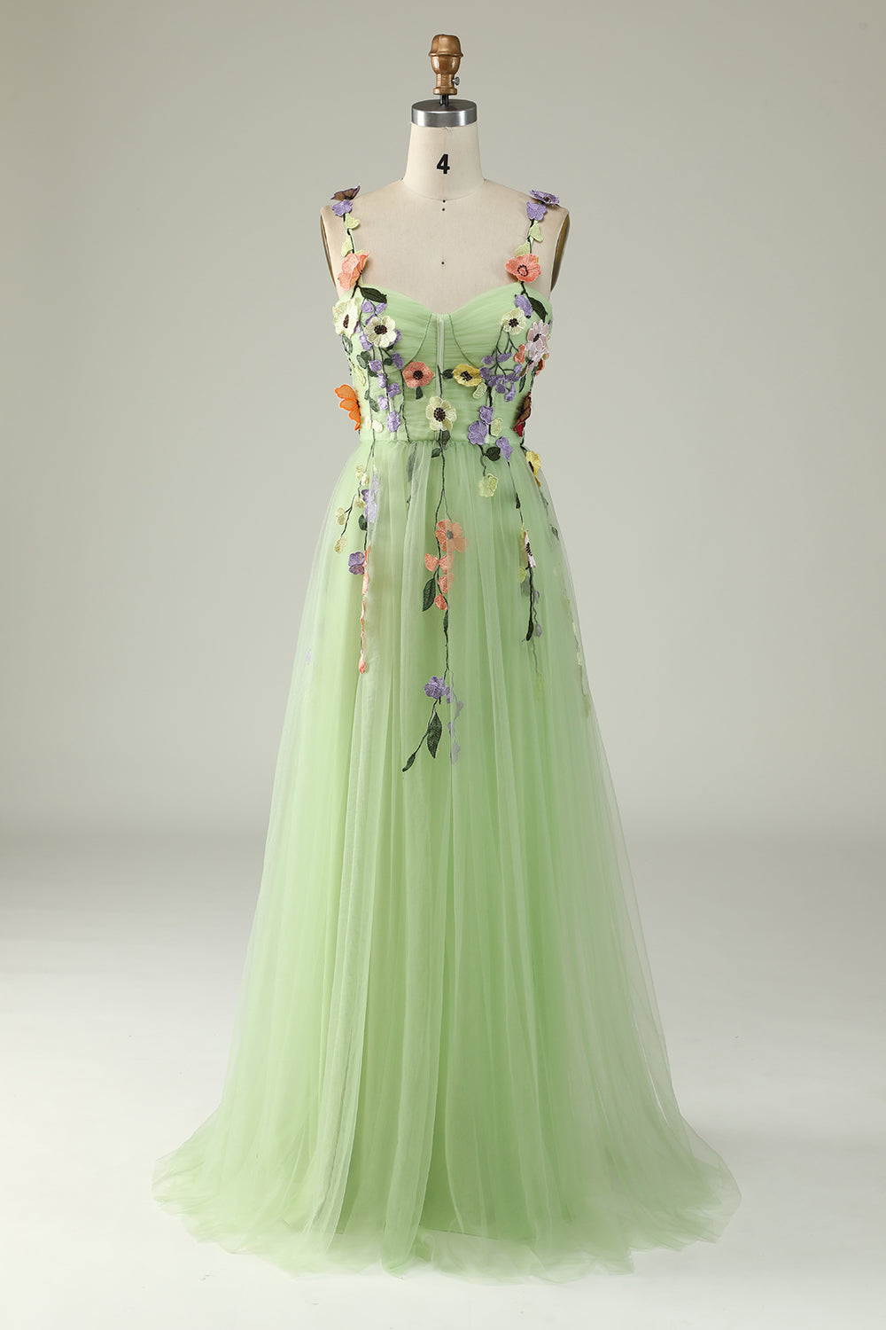 3D FLOWER A-LINE GREEN PROM DRESS