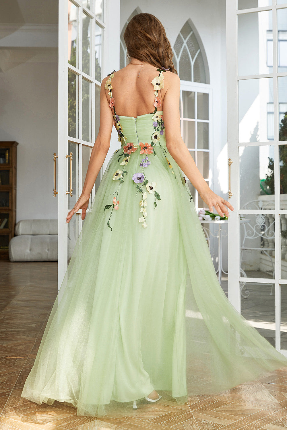 3D FLOWER A-LINE GREEN PROM DRESS
