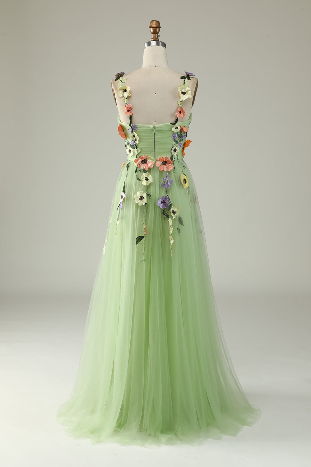 3D FLOWER A-LINE GREEN PROM DRESS