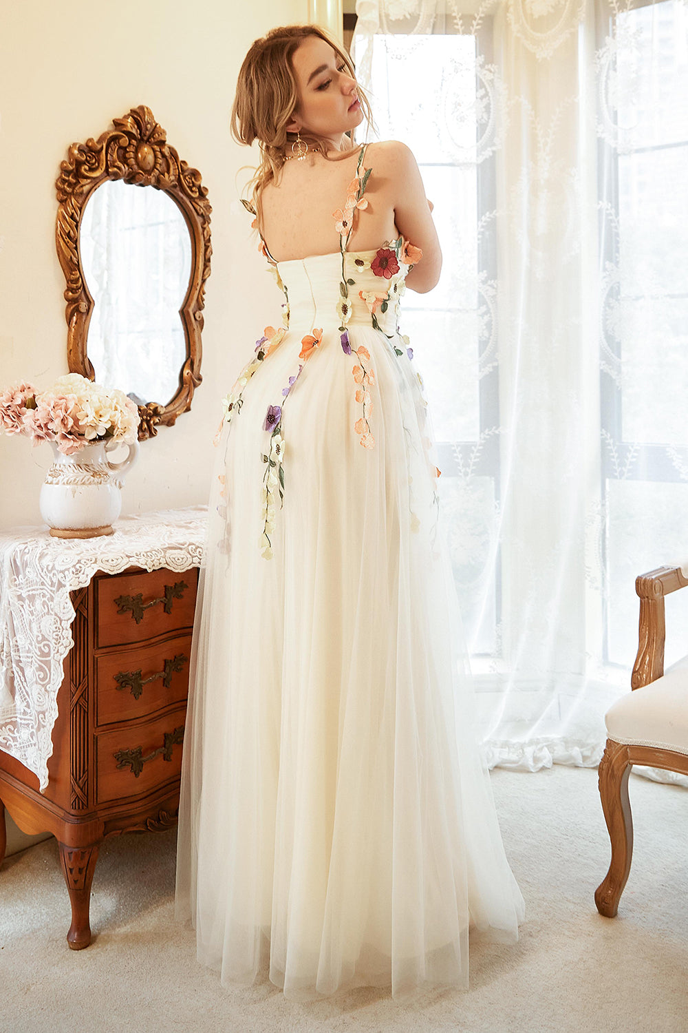 ELEGANT A-LINE CHAMPAGNE PLUS SIZE PROM DRESS WITH APPLIQUES