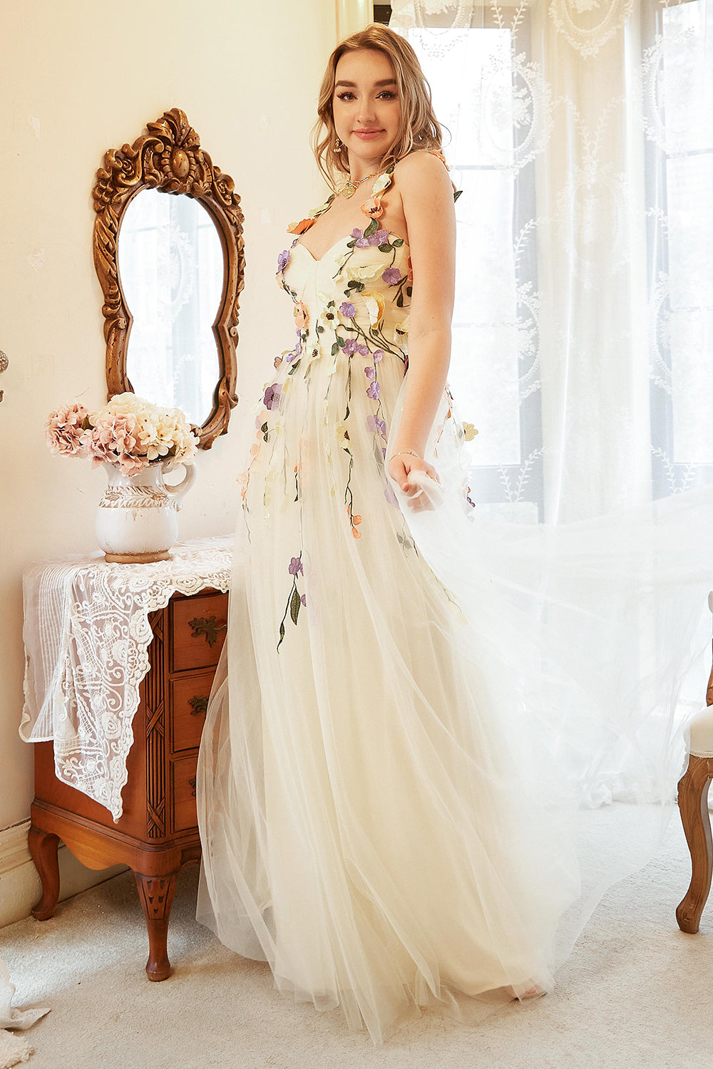 ELEGANT A-LINE CHAMPAGNE PLUS SIZE PROM DRESS WITH APPLIQUES