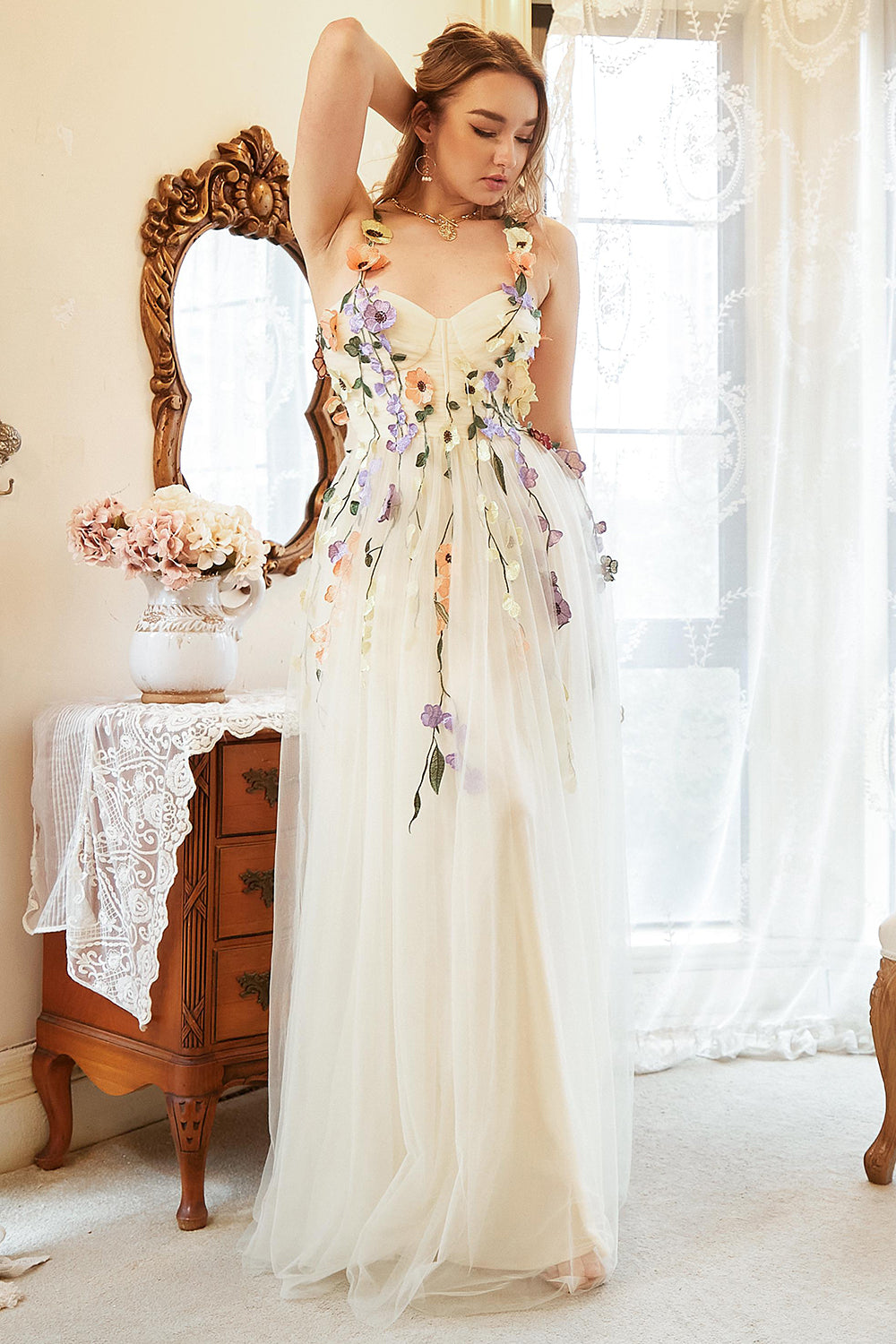 ELEGANT A-LINE CHAMPAGNE PLUS SIZE PROM DRESS WITH APPLIQUES