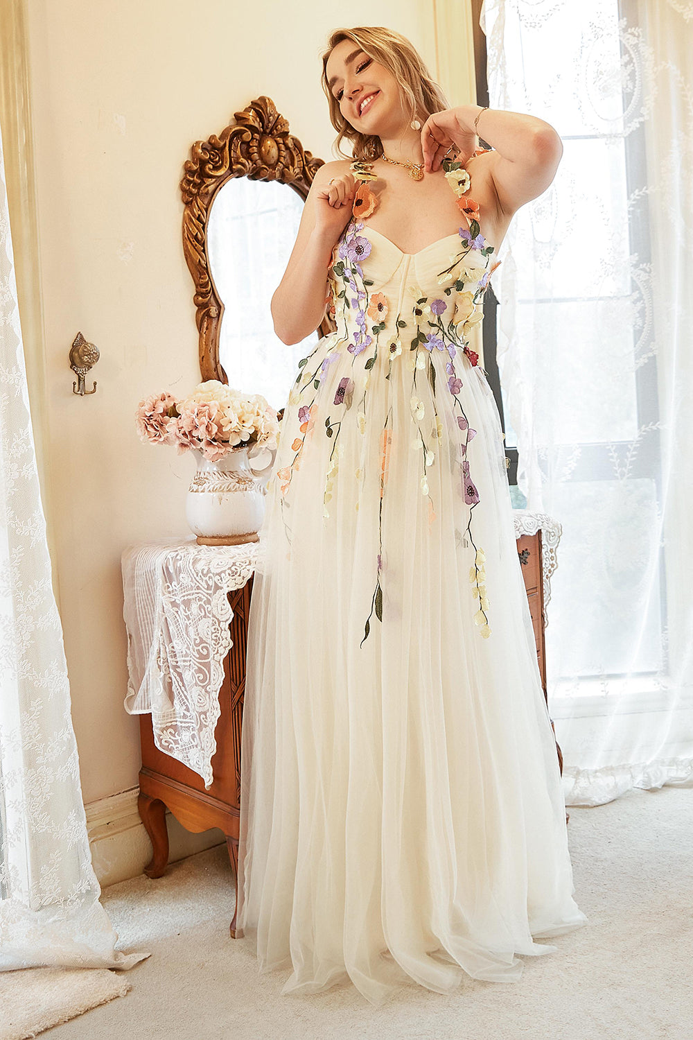 ELEGANT A-LINE CHAMPAGNE PLUS SIZE PROM DRESS WITH APPLIQUES