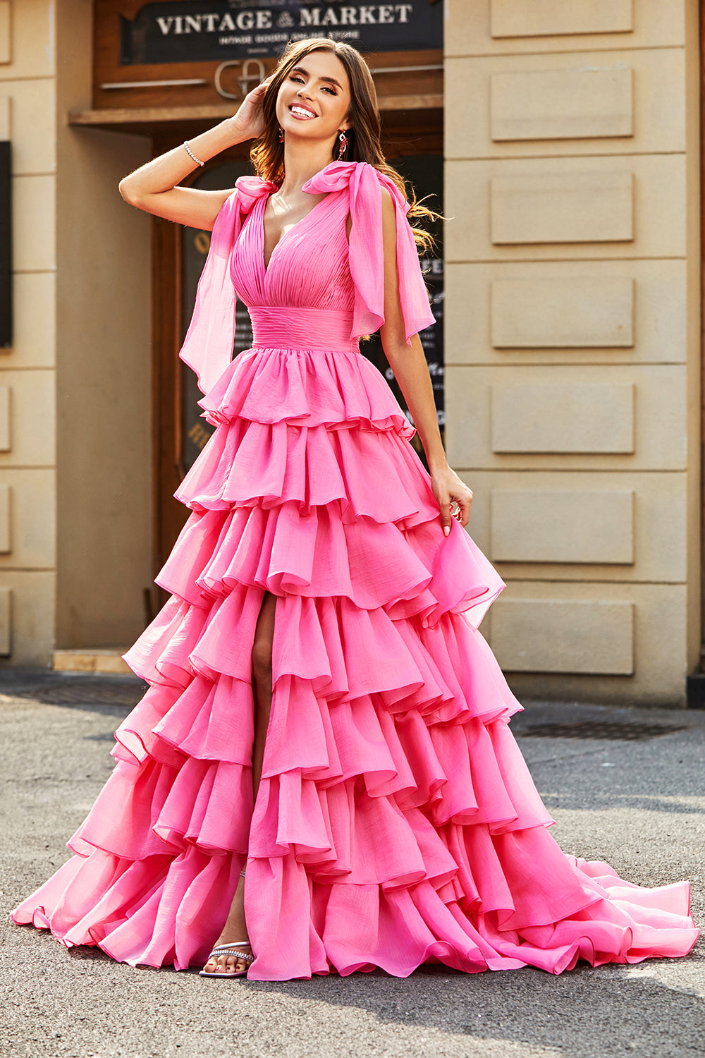 PRINCESS A-LINE V-NECK TIERED PROM SLIT DRESS