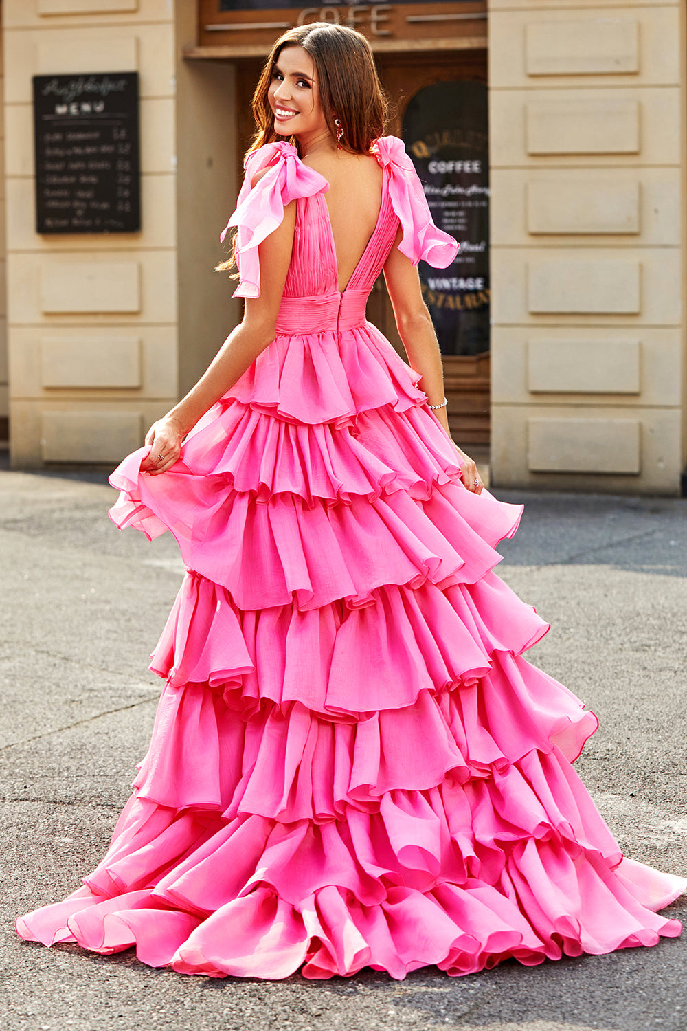 PRINCESS A-LINE V-NECK TIERED PROM SLIT DRESS