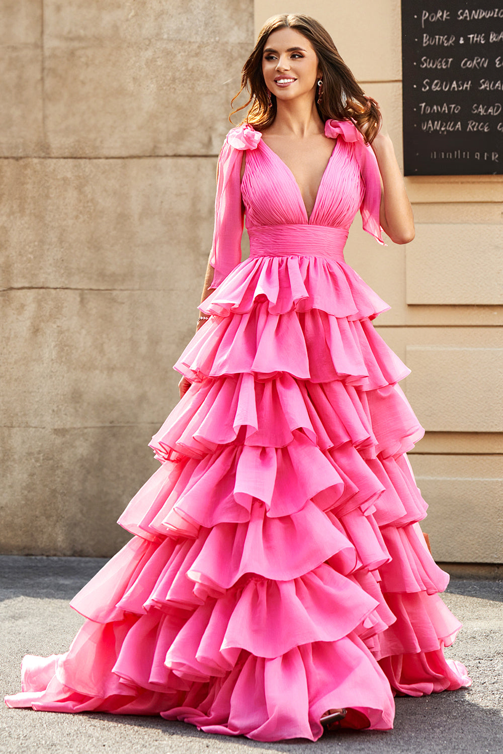 PRINCESS A-LINE V-NECK TIERED PROM SLIT DRESS