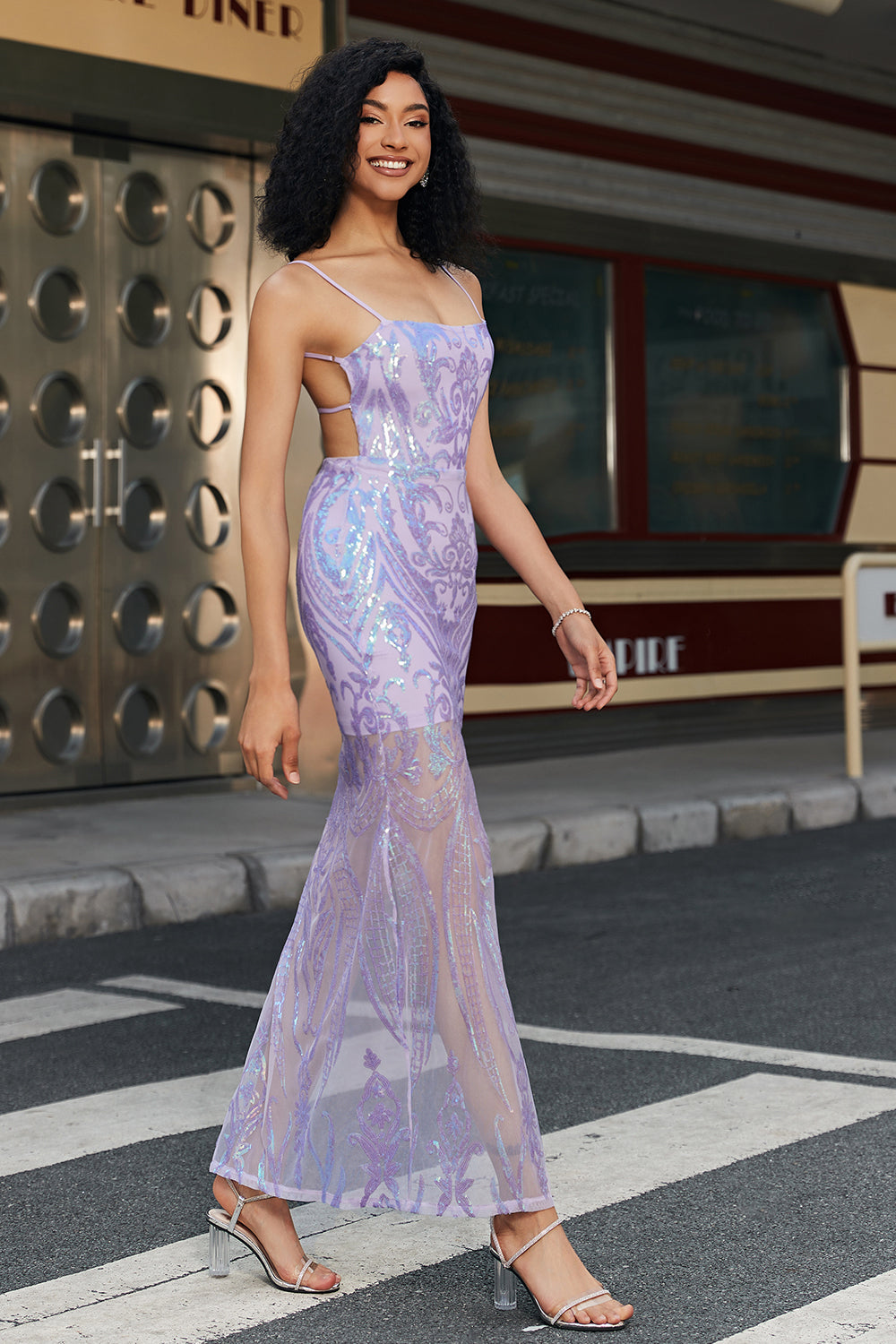 MODERN BACKLESS SHEATH PROM DRESS, LIGHT PURPLE SPAGHETTI STRAPS