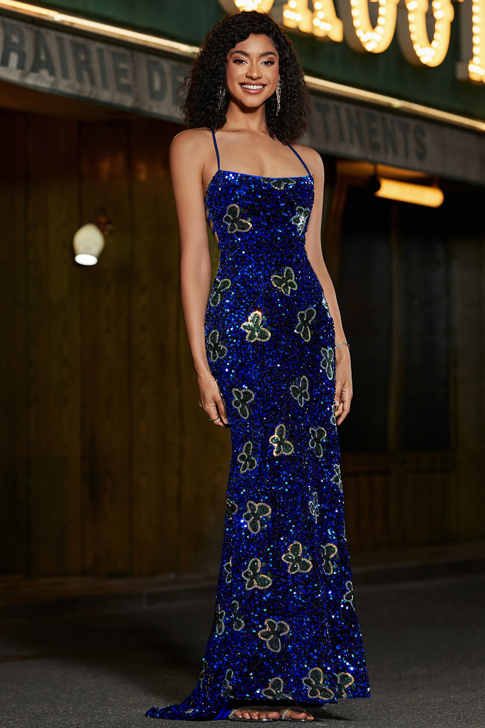 SPARKLY ROYAL BLUE SEQUIN MERMAID PROM DRESS, CRISS-CROSS BACK