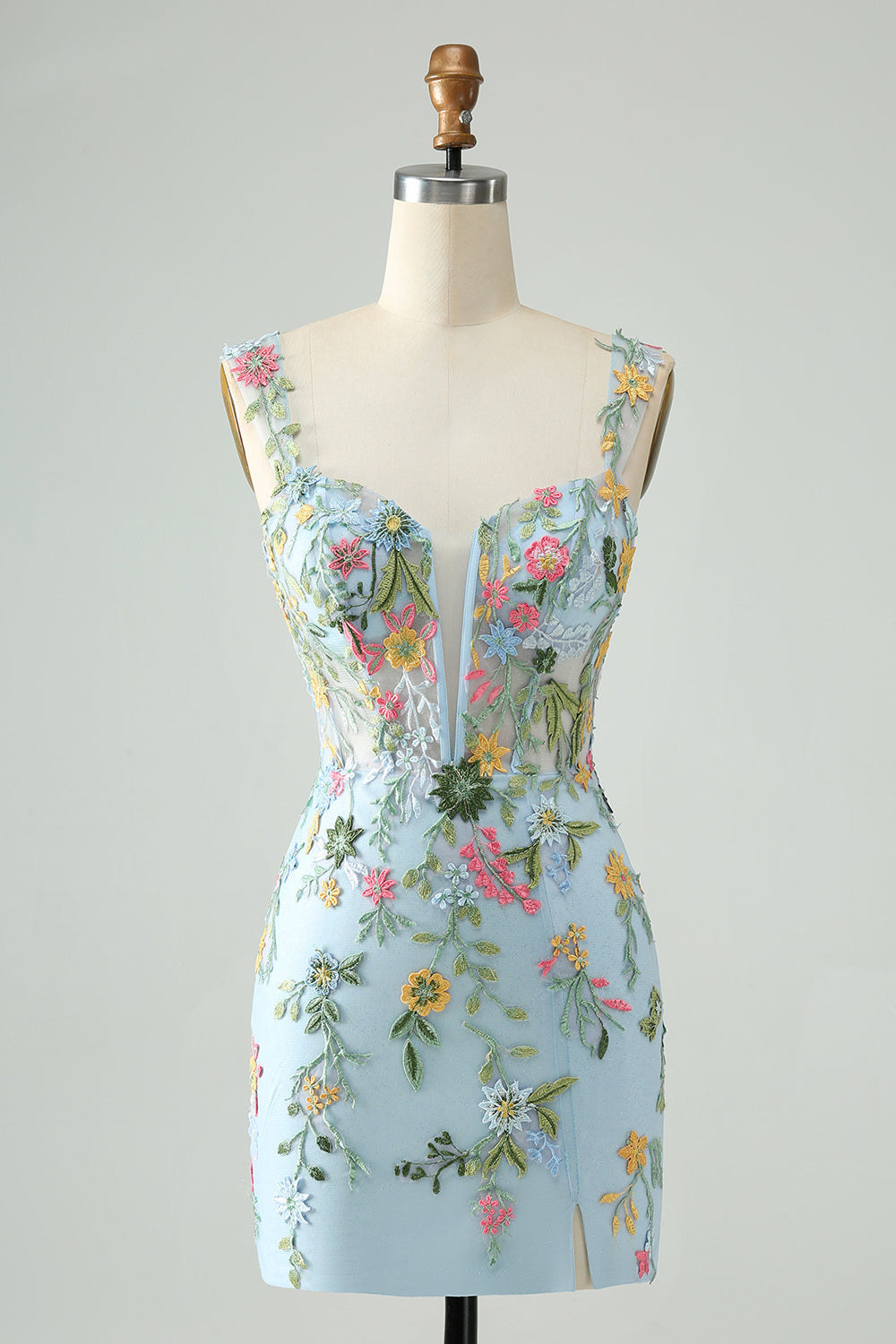 BLUE EMBROIDERED FLORAL BODYCON SPAGHETTI STRAP HOMECOMING DRESS