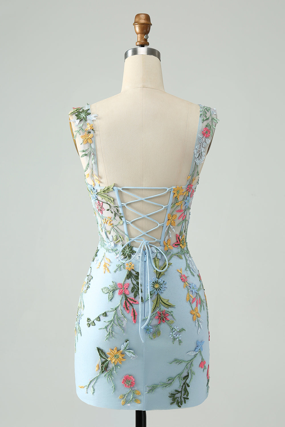 BLUE EMBROIDERED FLORAL BODYCON SPAGHETTI STRAP HOMECOMING DRESS