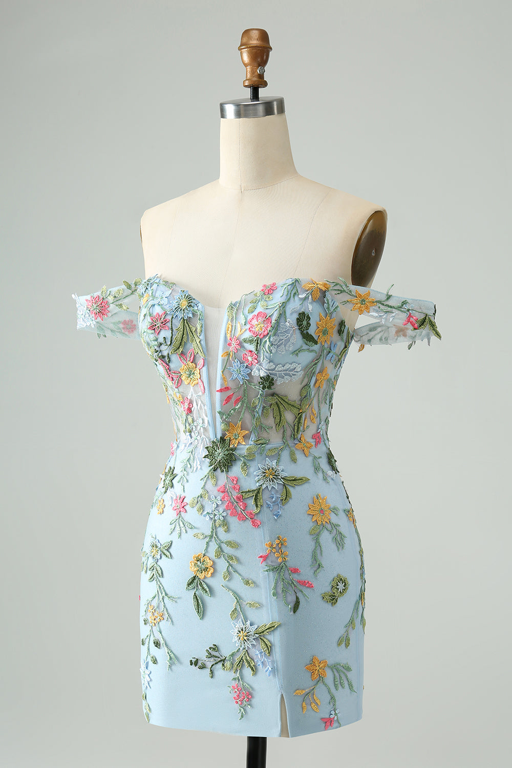 BLUE EMBROIDERED FLORAL BODYCON SPAGHETTI STRAP HOMECOMING DRESS