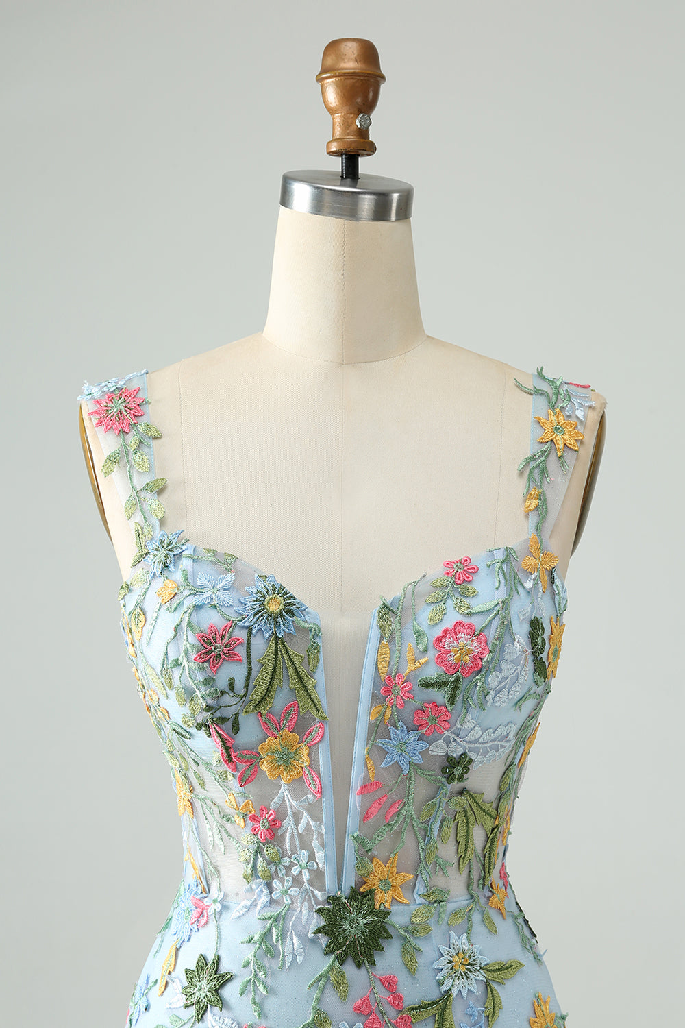 BLUE EMBROIDERED FLORAL BODYCON SPAGHETTI STRAP HOMECOMING DRESS