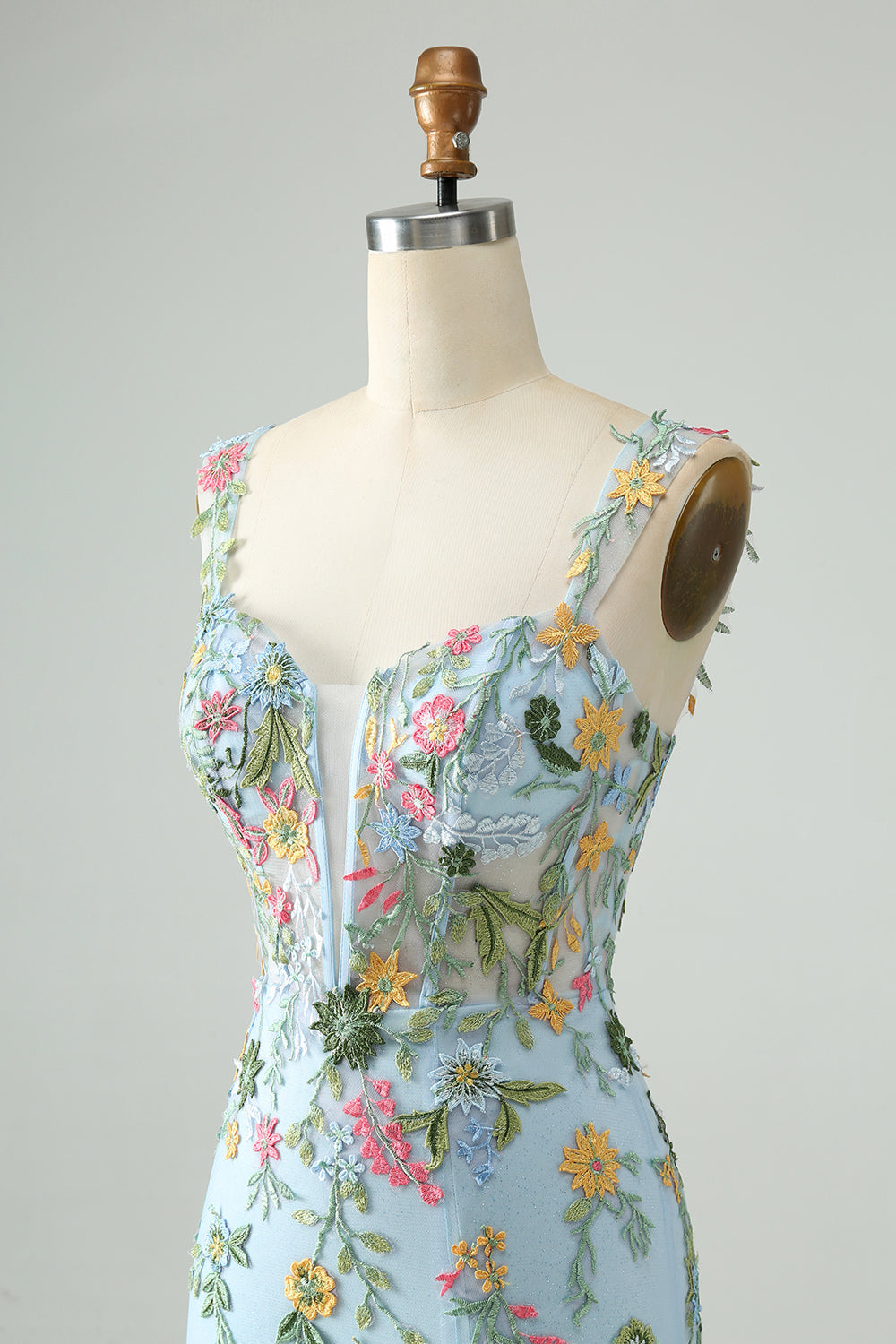 BLUE EMBROIDERED FLORAL BODYCON SPAGHETTI STRAP HOMECOMING DRESS