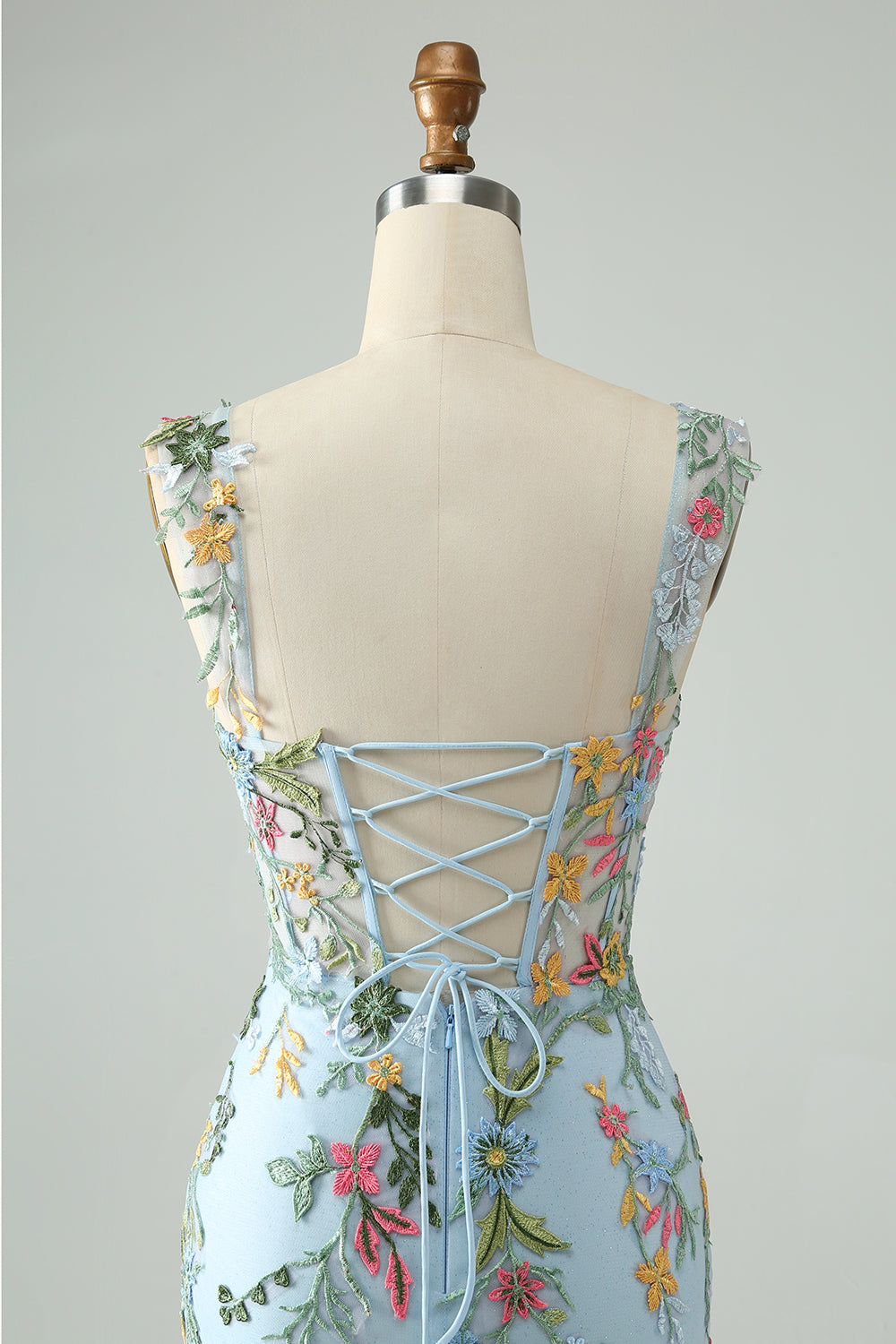 BLUE EMBROIDERED FLORAL BODYCON SPAGHETTI STRAP HOMECOMING DRESS