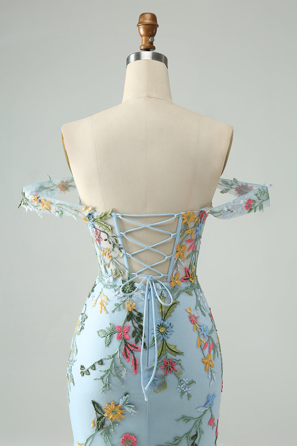 BLUE EMBROIDERED FLORAL BODYCON SPAGHETTI STRAP HOMECOMING DRESS