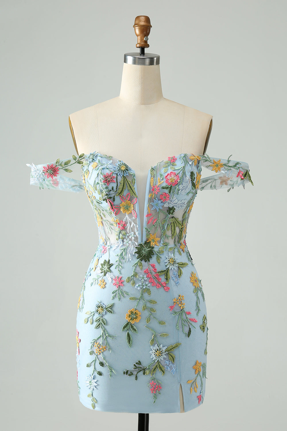 BLUE EMBROIDERED FLORAL BODYCON SPAGHETTI STRAP HOMECOMING DRESS